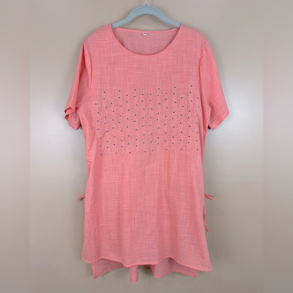 Floral Embroidered Coral Side Tie Cotton Tunic Top 2XL Lagenlook Coastal Beachy